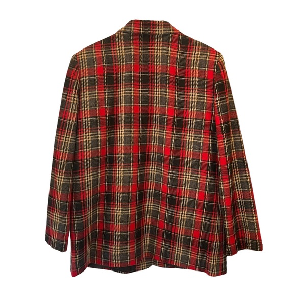 Vintage 90s wool blend single breasted plaid blazer red black tan lined 18 - Picture 4 of 11